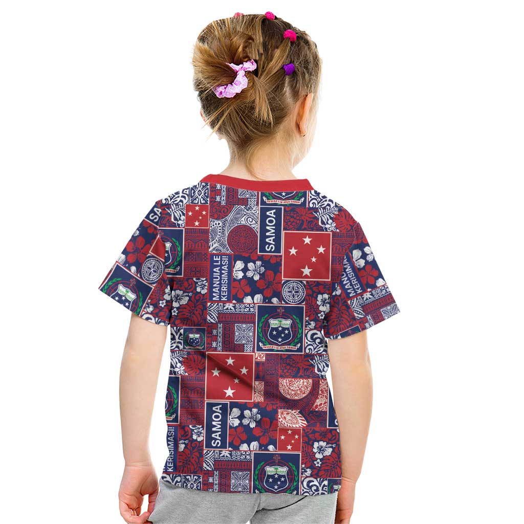 Red Samoa Manuia Le Kerisimasi Kid T Shirt Pacific Patchwork Xmas Vibes - Polynesian Pride