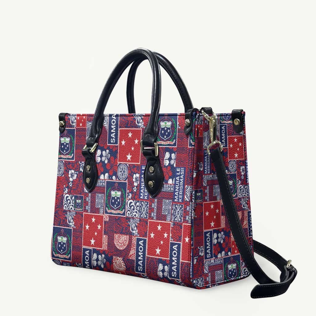 Red Samoa Manuia Le Kerisimasi Leather Bag Pacific Patchwork Xmas Vibes - Polynesian Pride