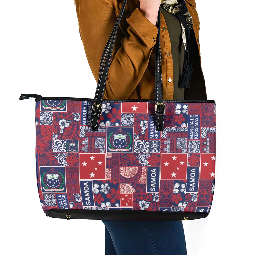 Red Samoa Manuia Le Kerisimasi Leather Tote Bag Pacific Patchwork Xmas Vibes - Polynesian Pride