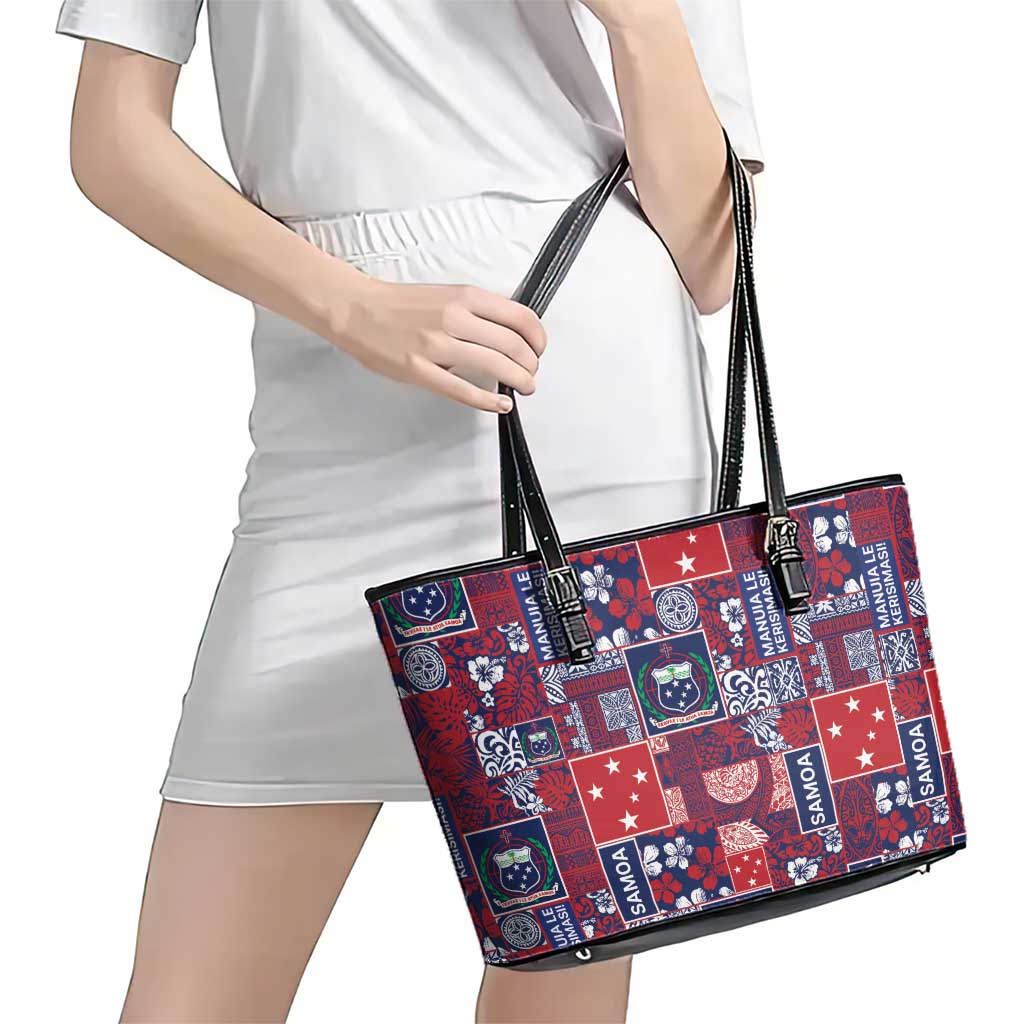 Red Samoa Manuia Le Kerisimasi Leather Tote Bag Pacific Patchwork Xmas Vibes - Polynesian Pride