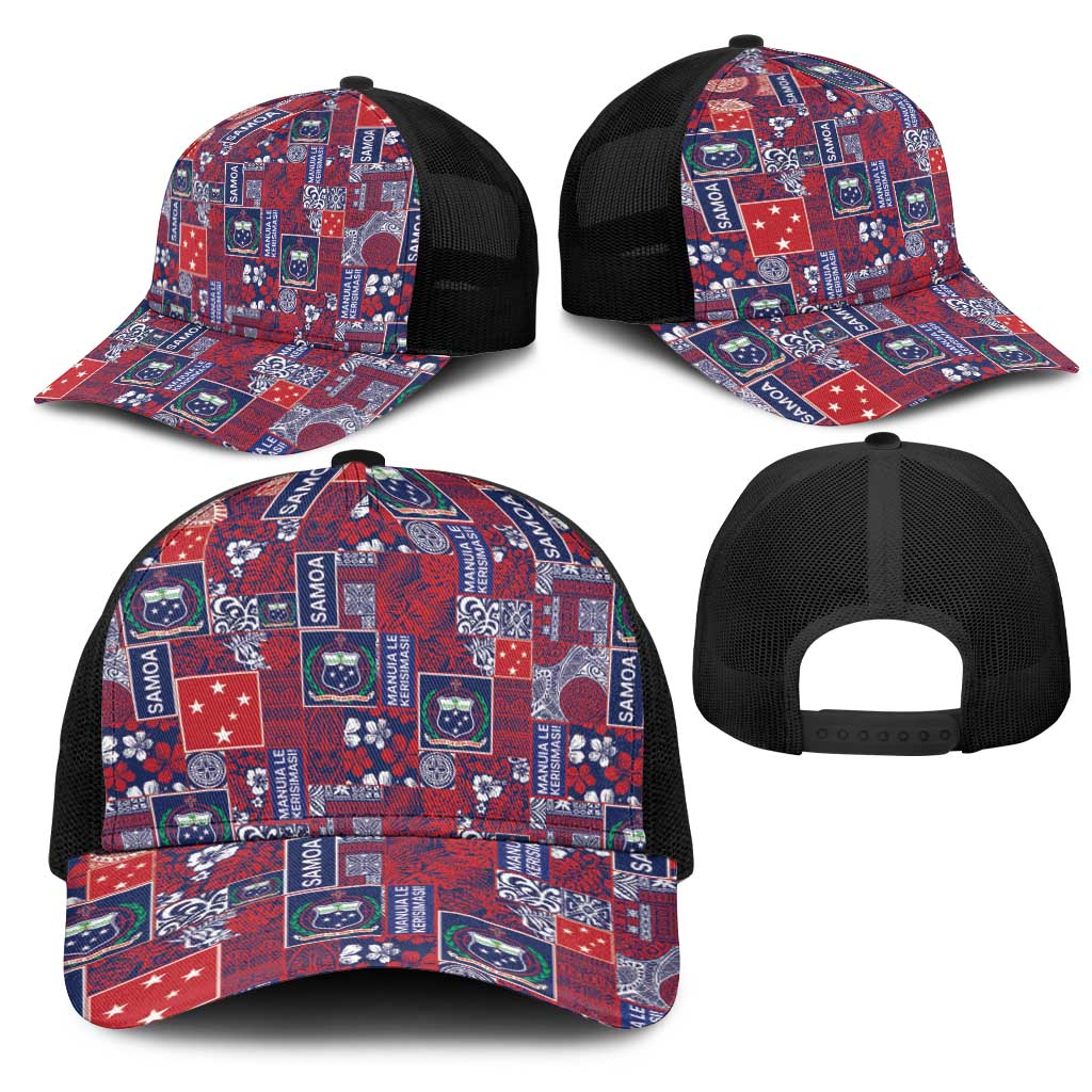 Red Samoa Manuia Le Kerisimasi Mesh Trucker Cap Pacific Patchwork Xmas Vibes - Polynesian Pride