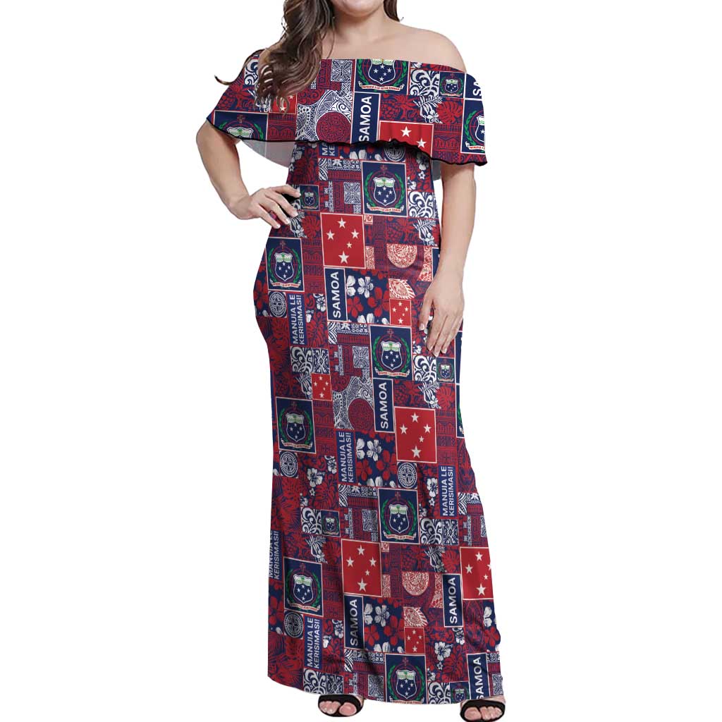 Red Samoa Manuia Le Kerisimasi Off Shoulder Maxi Dress Pacific Patchwork Xmas Vibes LT9 Women Red - Polynesian Pride