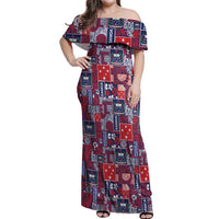 Red Samoa Manuia Le Kerisimasi Off Shoulder Maxi Dress Pacific Patchwork Xmas Vibes LT9 Women Red - Polynesian Pride