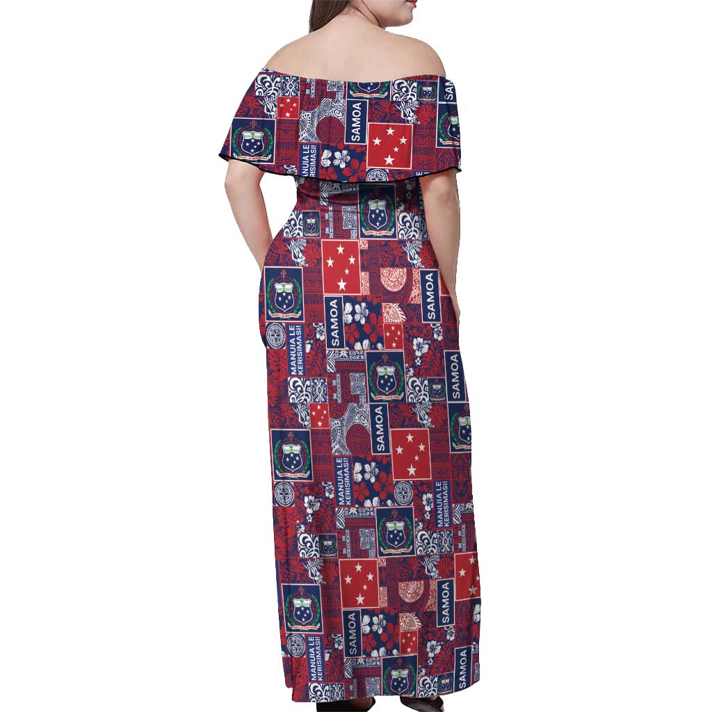 Red Samoa Manuia Le Kerisimasi Off Shoulder Maxi Dress Pacific Patchwork Xmas Vibes LT9 - Polynesian Pride