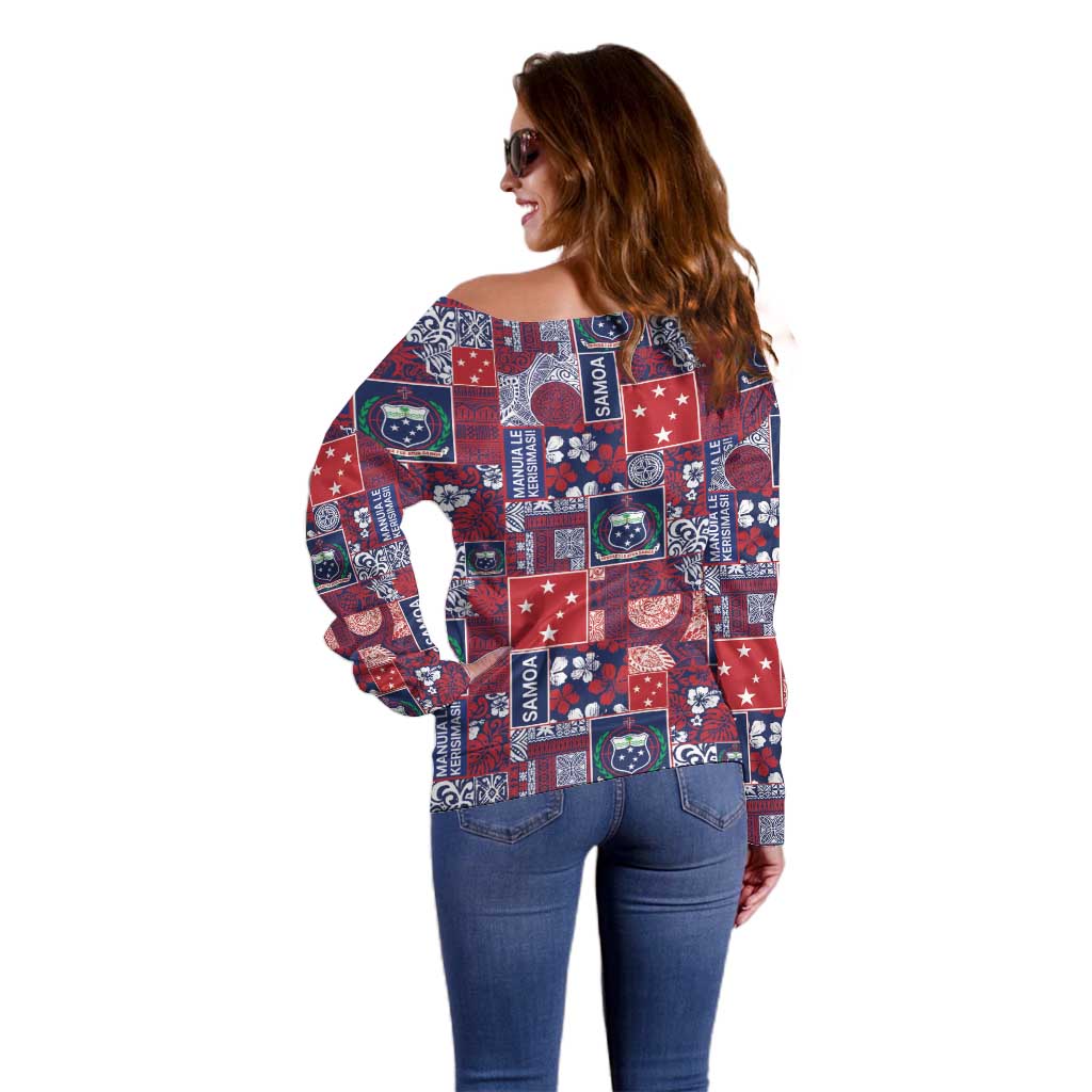 Red Samoa Manuia Le Kerisimasi Off Shoulder Sweater Pacific Patchwork Xmas Vibes - Polynesian Pride