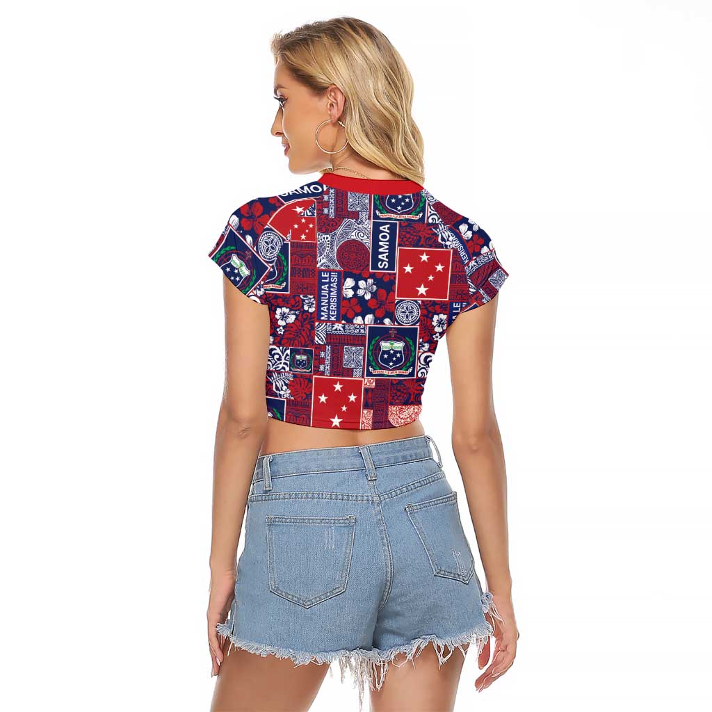 Red Samoa Manuia Le Kerisimasi Raglan Cropped T Shirt Pacific Patchwork Xmas Vibes - Polynesian Pride