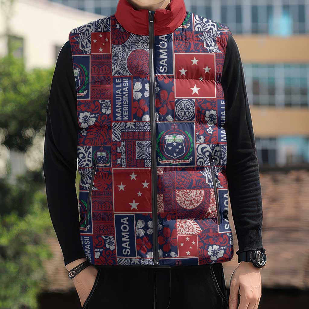 Red Samoa Manuia Le Kerisimasi Sleeveless Puffer Jacket Pacific Patchwork Xmas Vibes - Polynesian Pride