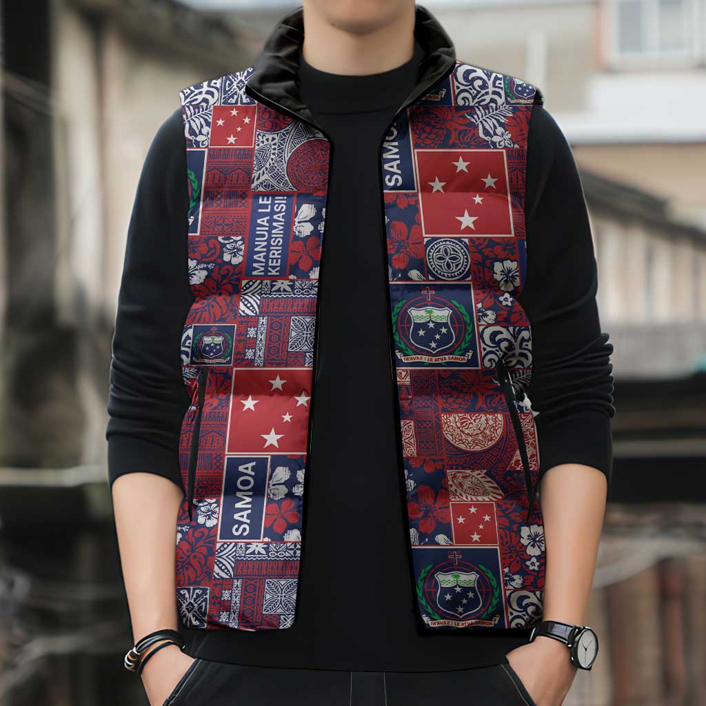 Red Samoa Manuia Le Kerisimasi Sleeveless Puffer Jacket Pacific Patchwork Xmas Vibes - Polynesian Pride
