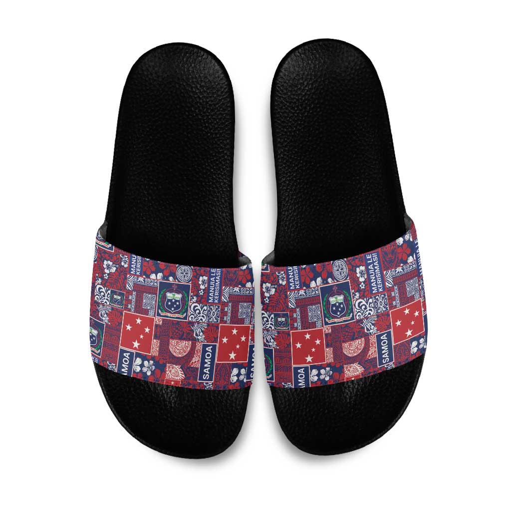 Red Samoa Manuia Le Kerisimasi Slide Sandals Pacific Patchwork Xmas Vibes - Polynesian Pride