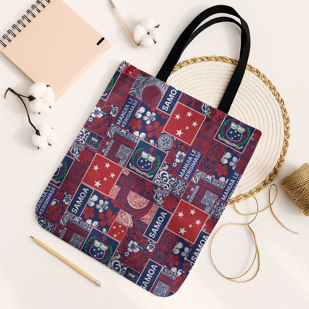 Red Samoa Manuia Le Kerisimasi Tote Bag Pacific Patchwork Xmas Vibes - Polynesian Pride