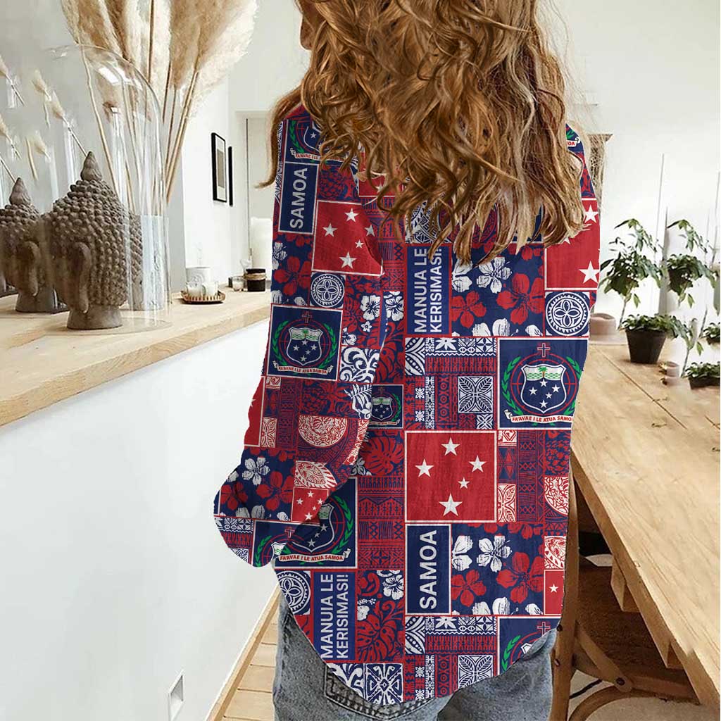 Red Samoa Manuia Le Kerisimasi Women Casual Shirt Pacific Patchwork Xmas Vibes - Polynesian Pride