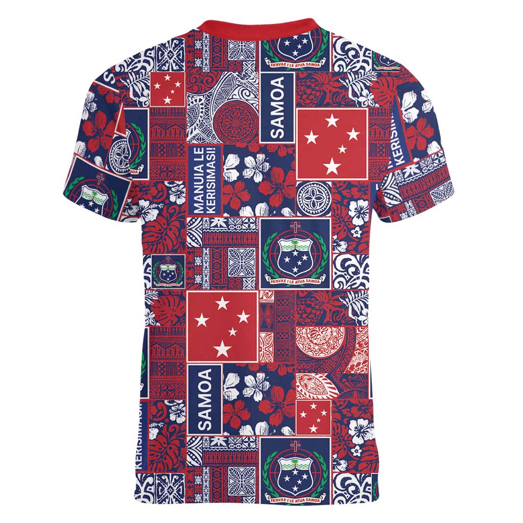Red Samoa Manuia Le Kerisimasi Women V-Neck T-Shirt Pacific Patchwork Xmas Vibes - Polynesian Pride