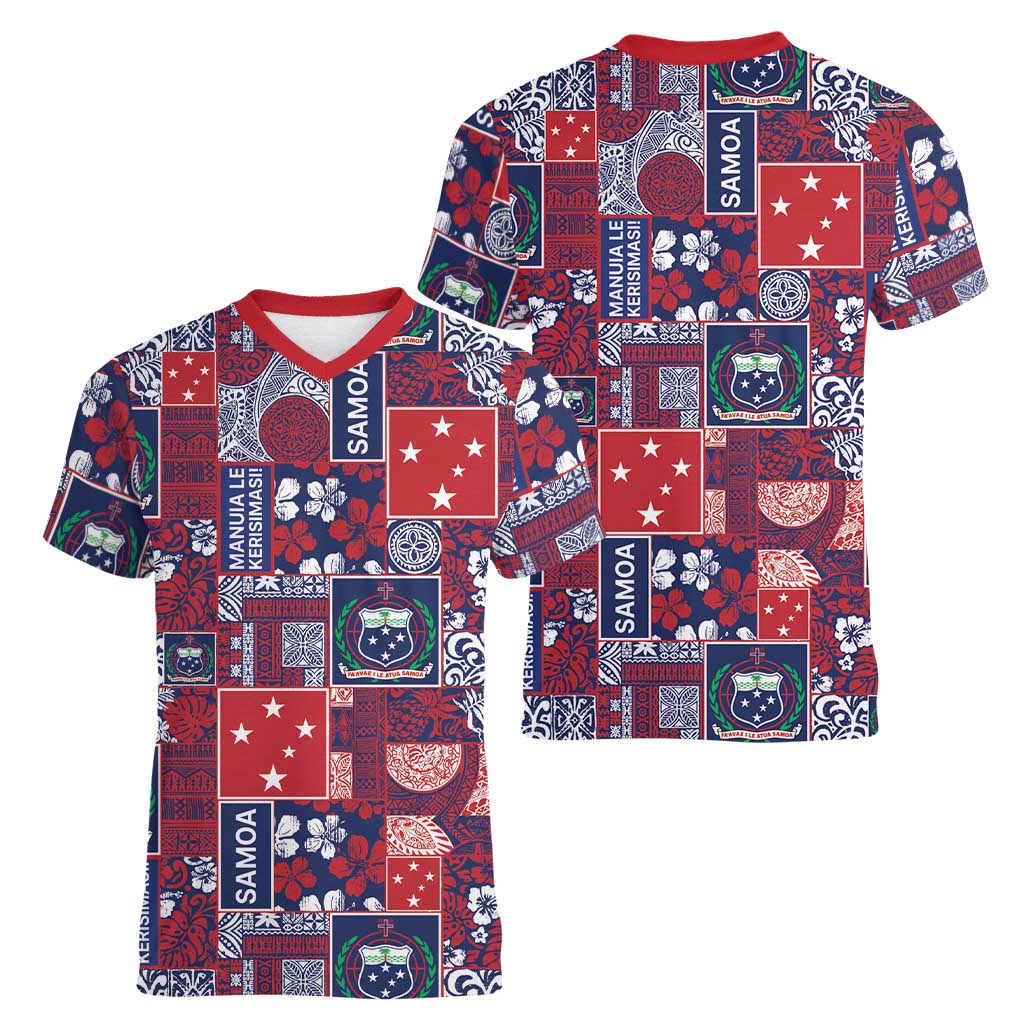 Red Samoa Manuia Le Kerisimasi Women V-Neck T-Shirt Pacific Patchwork Xmas Vibes - Polynesian Pride