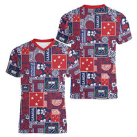 Red Samoa Manuia Le Kerisimasi Women V-Neck T-Shirt Pacific Patchwork Xmas Vibes - Polynesian Pride