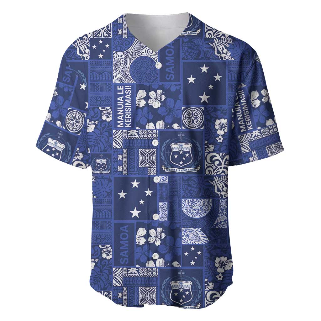 Blue Samoa Manuia Le Kerisimasi Baseball Jersey Pacific Patchwork Xmas Vibes - Polynesian Pride