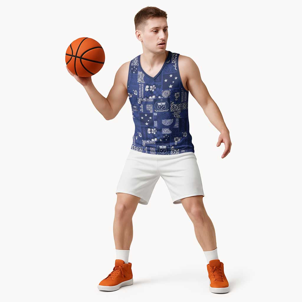 Blue Samoa Manuia Le Kerisimasi Basketball Jersey Pacific Patchwork Xmas Vibes - Polynesian Pride