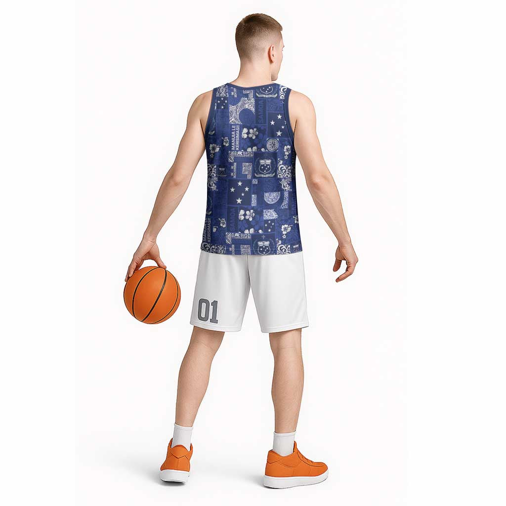 Blue Samoa Manuia Le Kerisimasi Basketball Jersey Pacific Patchwork Xmas Vibes - Polynesian Pride