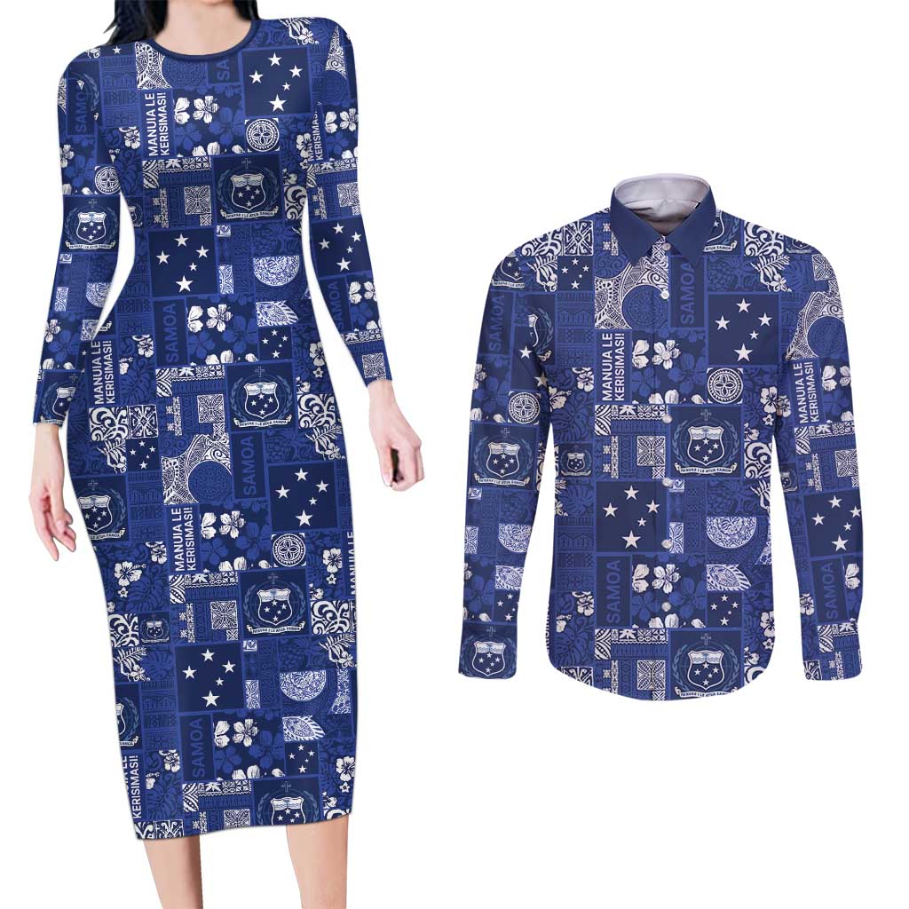 Blue Samoa Manuia Le Kerisimasi Couples Matching Long Sleeve Bodycon Dress and Long Sleeve Button Shirt Pacific Patchwork Xmas Vibes - Polynesian Pride