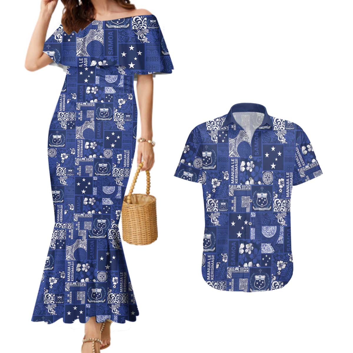 Blue Samoa Manuia Le Kerisimasi Couples Matching Mermaid Dress and Hawaiian Shirt Pacific Patchwork Xmas Vibes - Polynesian Pride