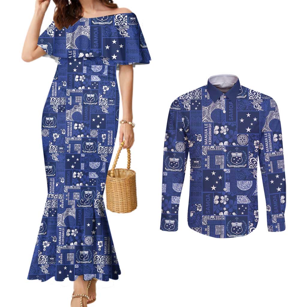 Blue Samoa Manuia Le Kerisimasi Couples Matching Mermaid Dress and Long Sleeve Button Shirt Pacific Patchwork Xmas Vibes - Polynesian Pride