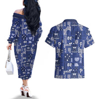 Blue Samoa Manuia Le Kerisimasi Couples Matching Off The Shoulder Long Sleeve Dress and Hawaiian Shirt Pacific Patchwork Xmas Vibes LT9 - Polynesian Pride