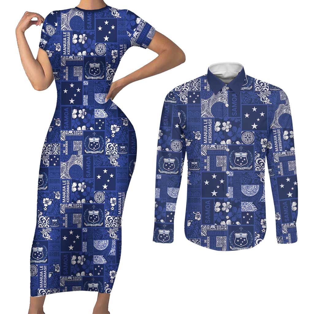 Blue Samoa Manuia Le Kerisimasi Couples Matching Short Sleeve Bodycon Dress and Long Sleeve Button Shirt Pacific Patchwork Xmas Vibes - Polynesian Pride