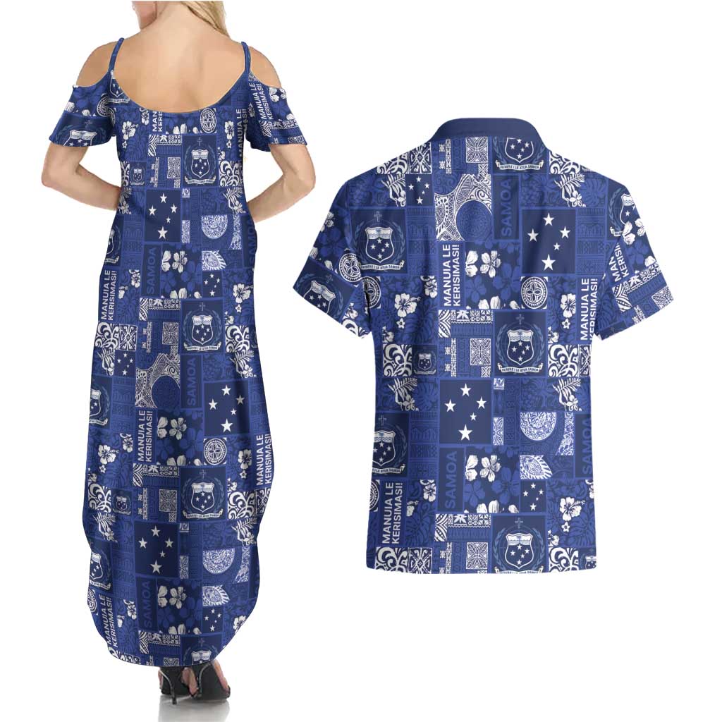 Blue Samoa Manuia Le Kerisimasi Couples Matching Summer Maxi Dress and Hawaiian Shirt Pacific Patchwork Xmas Vibes - Polynesian Pride