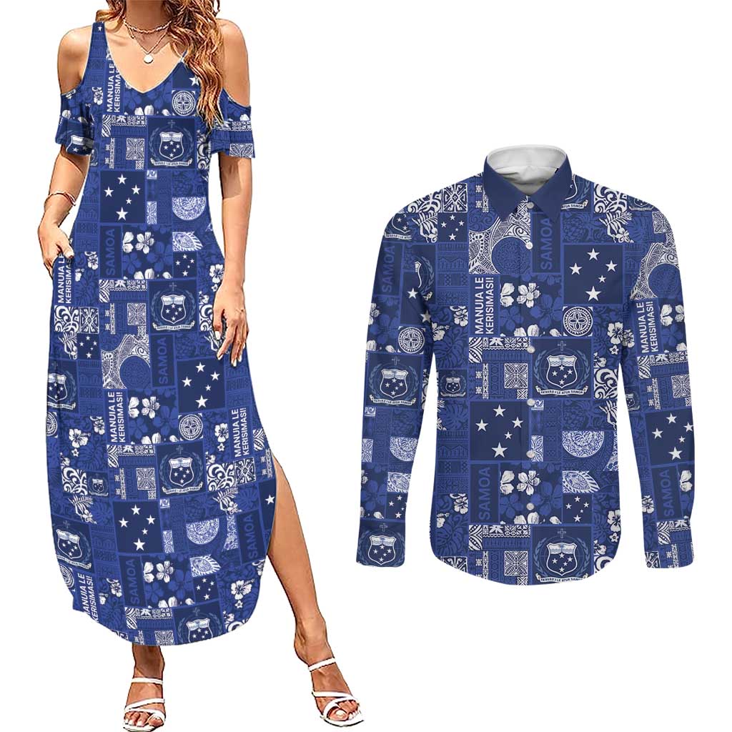 Blue Samoa Manuia Le Kerisimasi Couples Matching Summer Maxi Dress and Long Sleeve Button Shirt Pacific Patchwork Xmas Vibes - Polynesian Pride