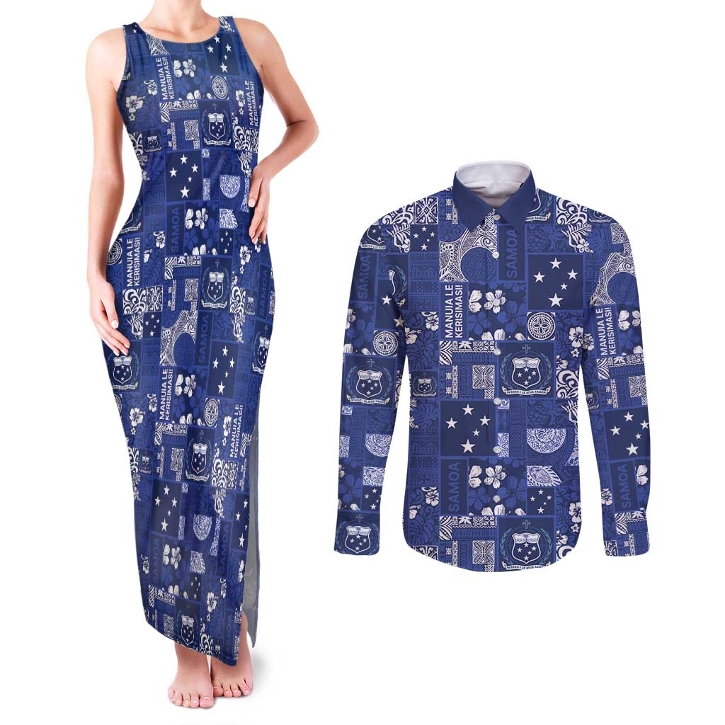 Blue Samoa Manuia Le Kerisimasi Couples Matching Tank Maxi Dress and Long Sleeve Button Shirt Pacific Patchwork Xmas Vibes - Polynesian Pride