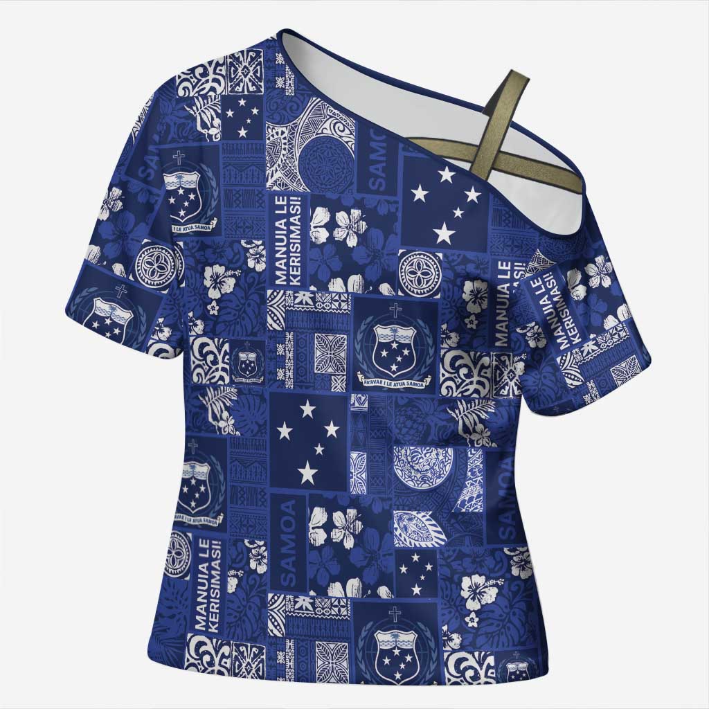 Blue Samoa Manuia Le Kerisimasi Cross Shoulder Shirt Pacific Patchwork Xmas Vibes LT9 Female Blue - Polynesian Pride