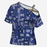 Blue Samoa Manuia Le Kerisimasi Cross Shoulder Shirt Pacific Patchwork Xmas Vibes LT9 Female Blue - Polynesian Pride