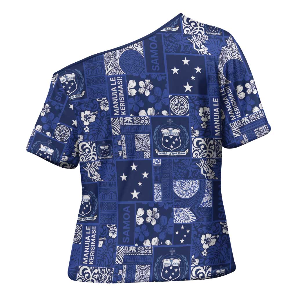 Blue Samoa Manuia Le Kerisimasi Cross Shoulder Shirt Pacific Patchwork Xmas Vibes LT9 - Polynesian Pride