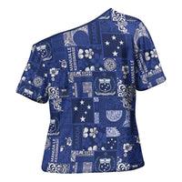 Blue Samoa Manuia Le Kerisimasi Cross Shoulder Shirt Pacific Patchwork Xmas Vibes LT9 - Polynesian Pride