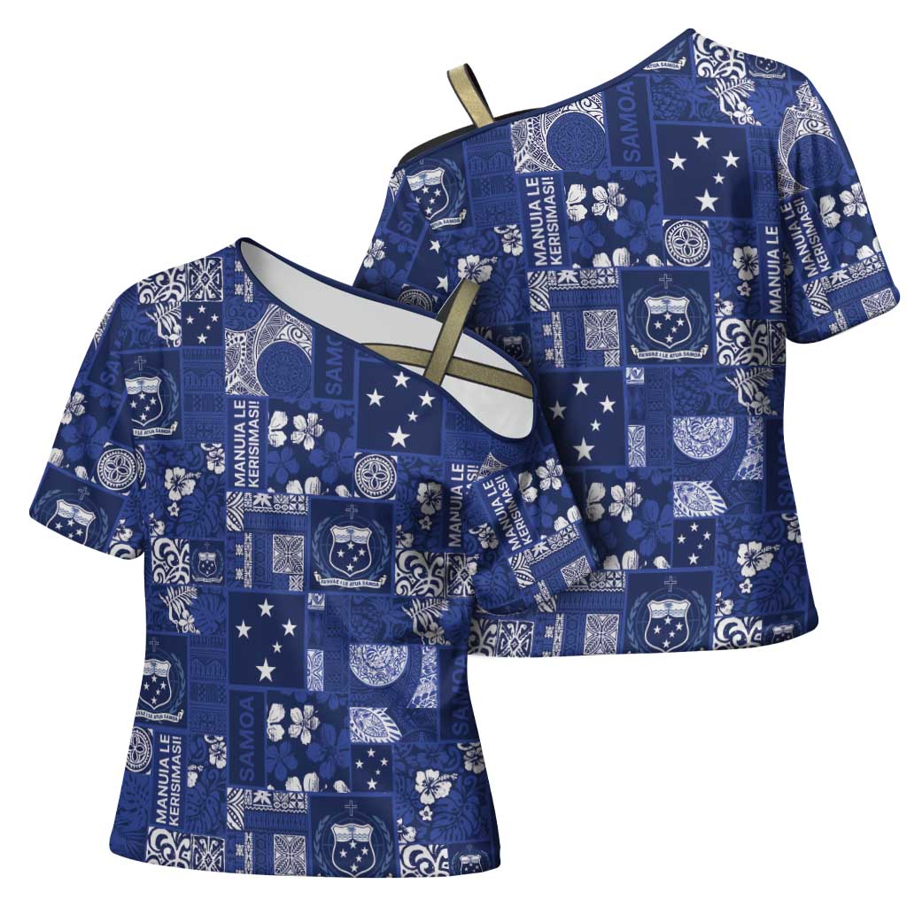 Blue Samoa Manuia Le Kerisimasi Cross Shoulder Shirt Pacific Patchwork Xmas Vibes LT9 - Polynesian Pride