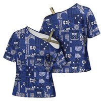 Blue Samoa Manuia Le Kerisimasi Cross Shoulder Shirt Pacific Patchwork Xmas Vibes LT9 - Polynesian Pride