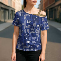 Blue Samoa Manuia Le Kerisimasi Cross Shoulder Shirt Pacific Patchwork Xmas Vibes LT9 - Polynesian Pride