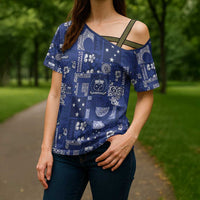 Blue Samoa Manuia Le Kerisimasi Cross Shoulder Shirt Pacific Patchwork Xmas Vibes LT9 - Polynesian Pride