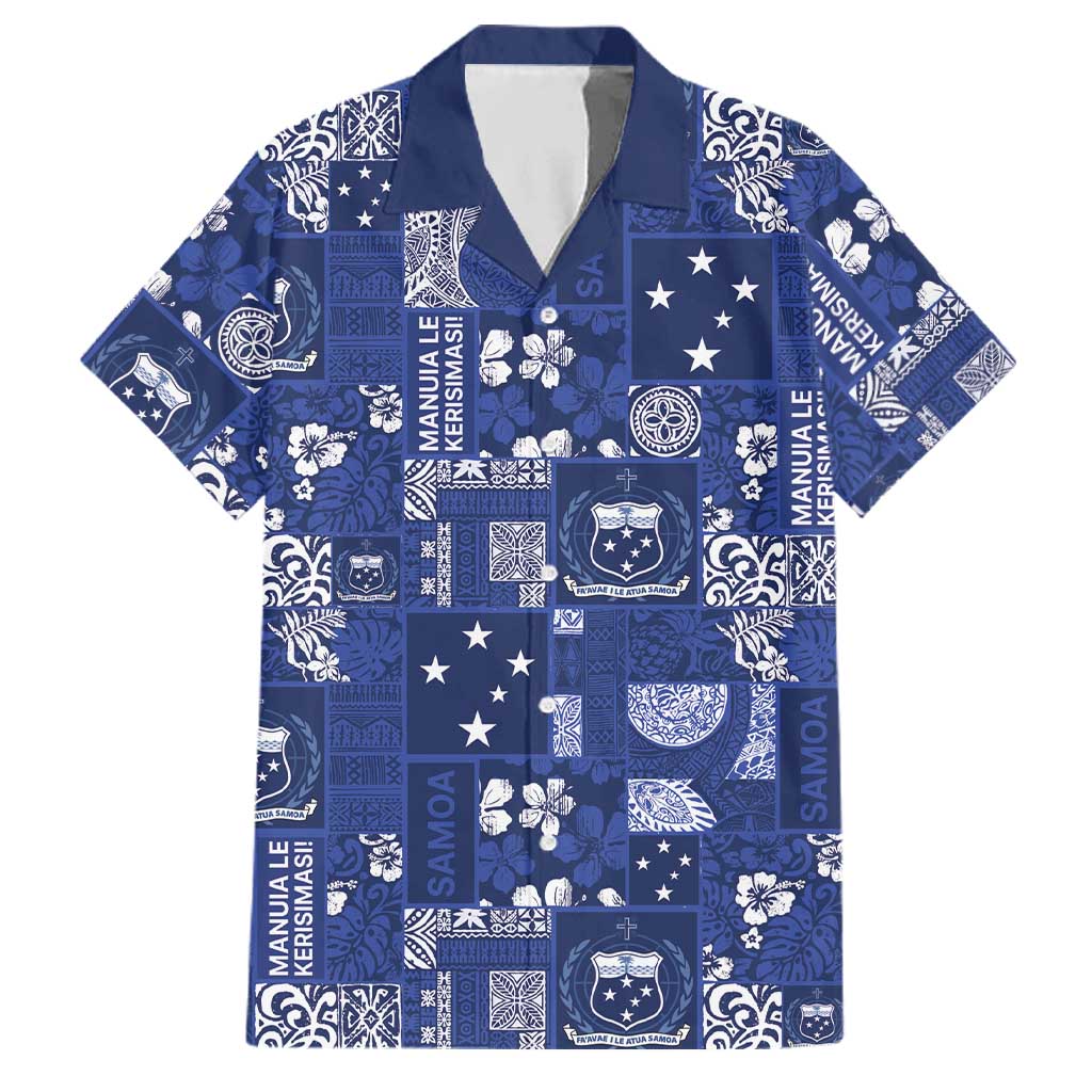 Blue Samoa Manuia Le Kerisimasi Family Matching Long Sleeve Bodycon Dress and Hawaiian Shirt Pacific Patchwork Xmas Vibes LT9 Dad's Shirt - Short Sleeve Blue - Polynesian Pride