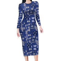 Blue Samoa Manuia Le Kerisimasi Family Matching Long Sleeve Bodycon Dress and Hawaiian Shirt Pacific Patchwork Xmas Vibes LT9 Mom's Dress Blue - Polynesian Pride