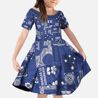 Blue Samoa Manuia Le Kerisimasi Family Matching Off The Shoulder Long Sleeve Dress and Hawaiian Shirt Pacific Patchwork Xmas Vibes LT9 Daughter's Dress Blue - Polynesian Pride