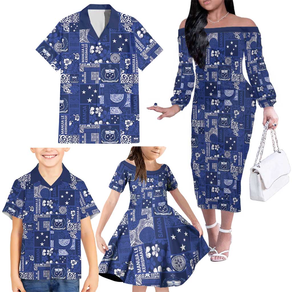 Blue Samoa Manuia Le Kerisimasi Family Matching Off The Shoulder Long Sleeve Dress and Hawaiian Shirt Pacific Patchwork Xmas Vibes - Polynesian Pride