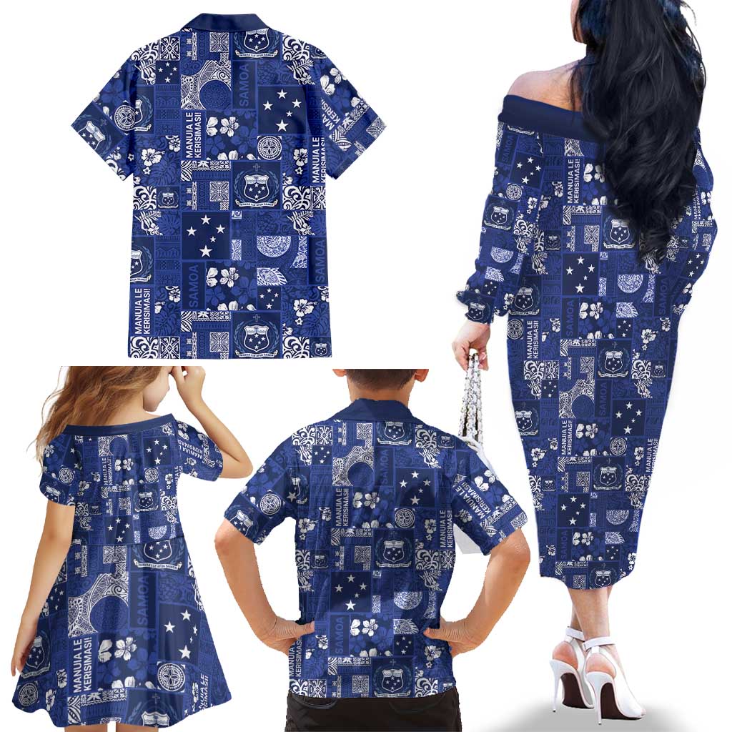 Blue Samoa Manuia Le Kerisimasi Family Matching Off The Shoulder Long Sleeve Dress and Hawaiian Shirt Pacific Patchwork Xmas Vibes LT9 - Polynesian Pride