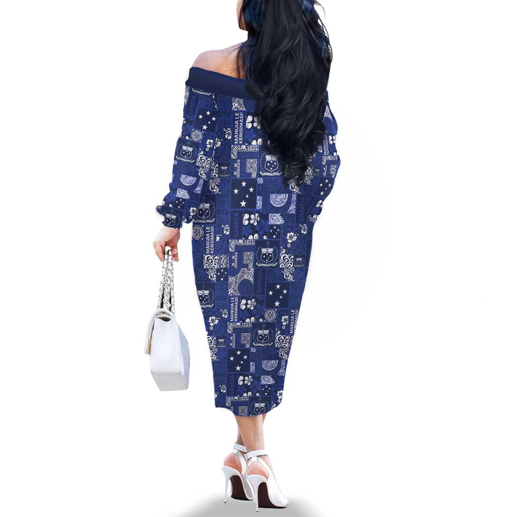 Blue Samoa Manuia Le Kerisimasi Family Matching Off The Shoulder Long Sleeve Dress and Hawaiian Shirt Pacific Patchwork Xmas Vibes LT9 - Polynesian Pride