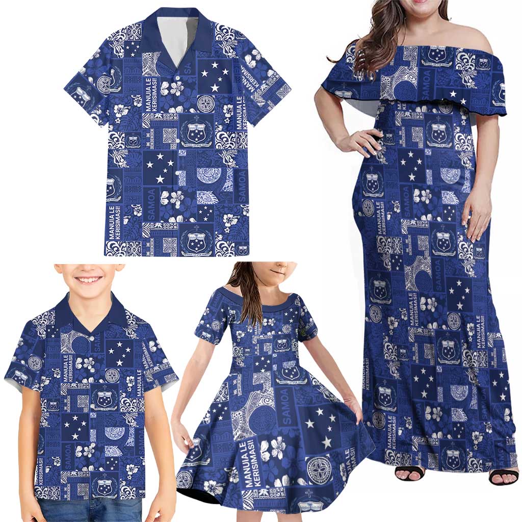 Blue Samoa Manuia Le Kerisimasi Family Matching Off Shoulder Maxi Dress and Hawaiian Shirt Pacific Patchwork Xmas Vibes LT9 - Polynesian Pride