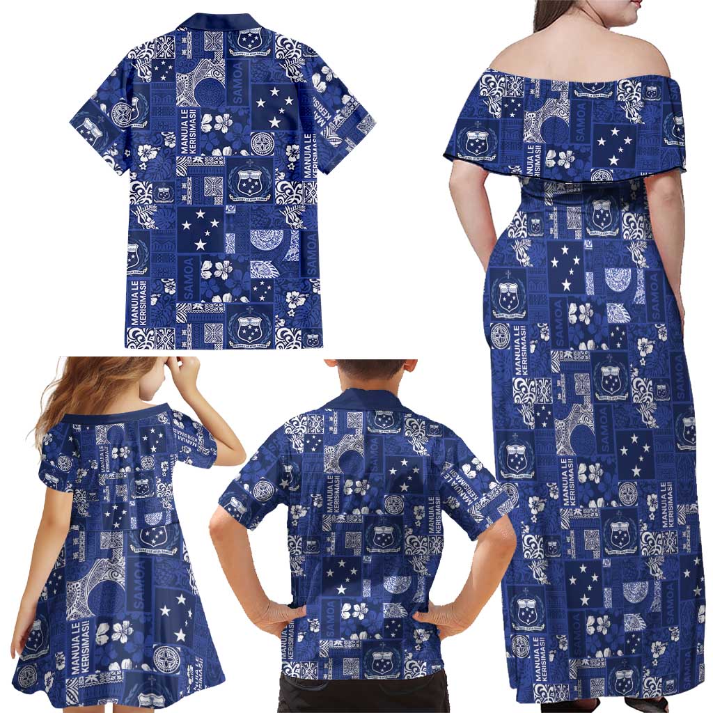 Blue Samoa Manuia Le Kerisimasi Family Matching Off Shoulder Maxi Dress and Hawaiian Shirt Pacific Patchwork Xmas Vibes LT9 - Polynesian Pride