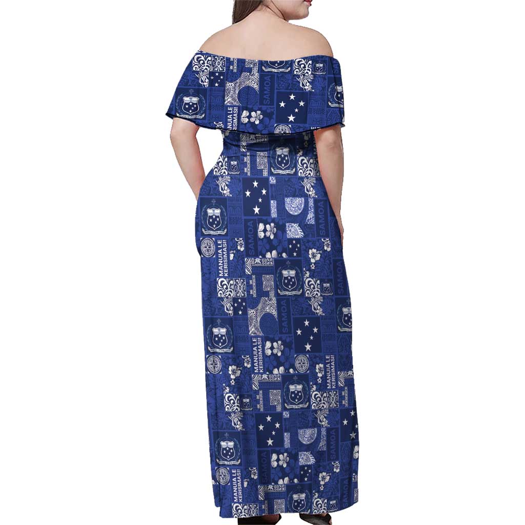 Blue Samoa Manuia Le Kerisimasi Family Matching Off Shoulder Maxi Dress and Hawaiian Shirt Pacific Patchwork Xmas Vibes LT9 - Polynesian Pride