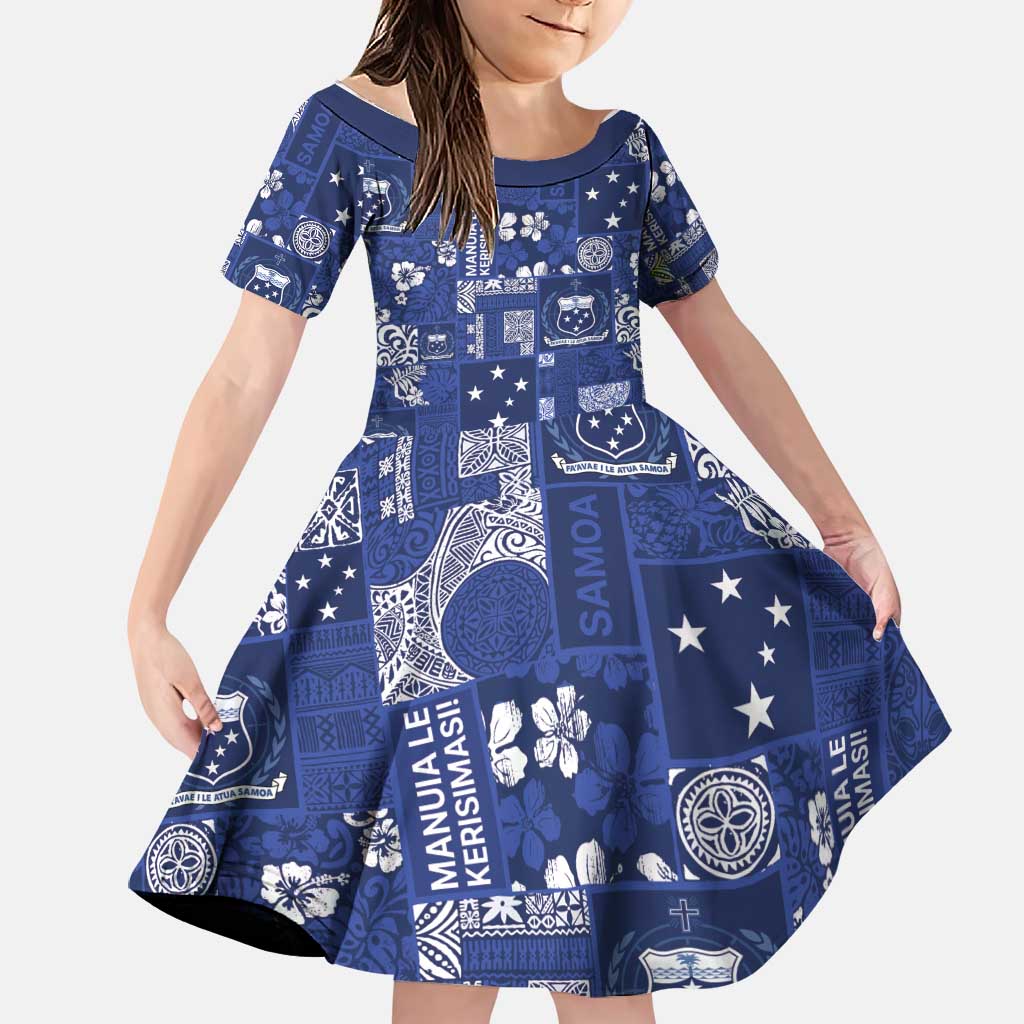 Blue Samoa Manuia Le Kerisimasi Family Matching Off Shoulder Short Dress and Hawaiian Shirt Pacific Patchwork Xmas Vibes LT9 Daughter's Dress Blue - Polynesian Pride