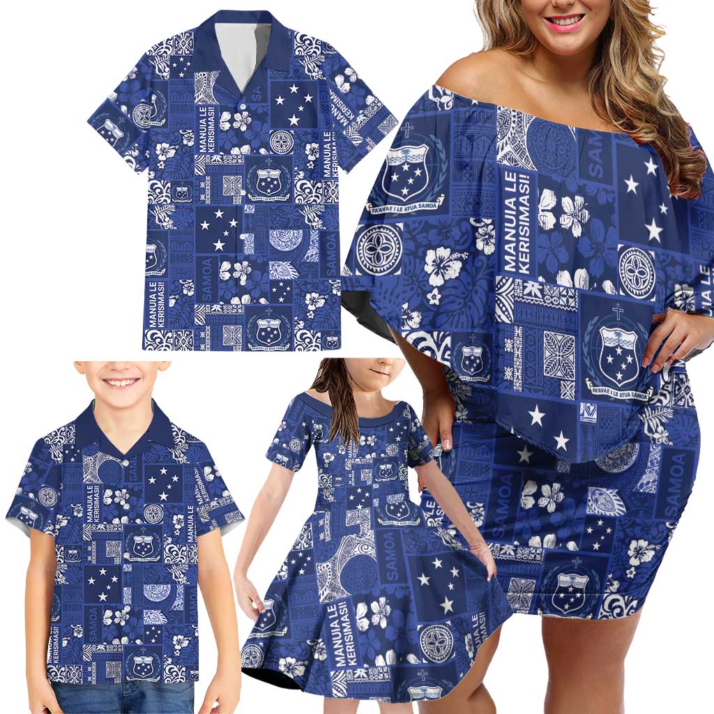 Blue Samoa Manuia Le Kerisimasi Family Matching Off Shoulder Short Dress and Hawaiian Shirt Pacific Patchwork Xmas Vibes LT9 - Polynesian Pride