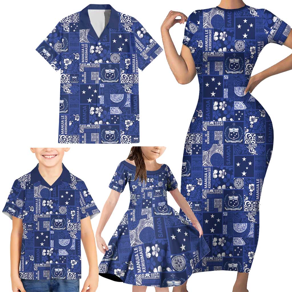 Blue Samoa Manuia Le Kerisimasi Family Matching Short Sleeve Bodycon Dress and Hawaiian Shirt Pacific Patchwork Xmas Vibes LT9 - Polynesian Pride