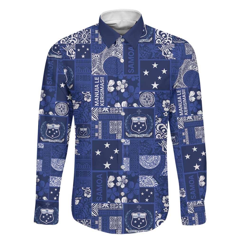 Blue Samoa Manuia Le Kerisimasi Family Matching Summer Maxi Dress and Hawaiian Shirt Pacific Patchwork Xmas Vibes LT9 Dad's Shirt - Long Sleeve Blue - Polynesian Pride